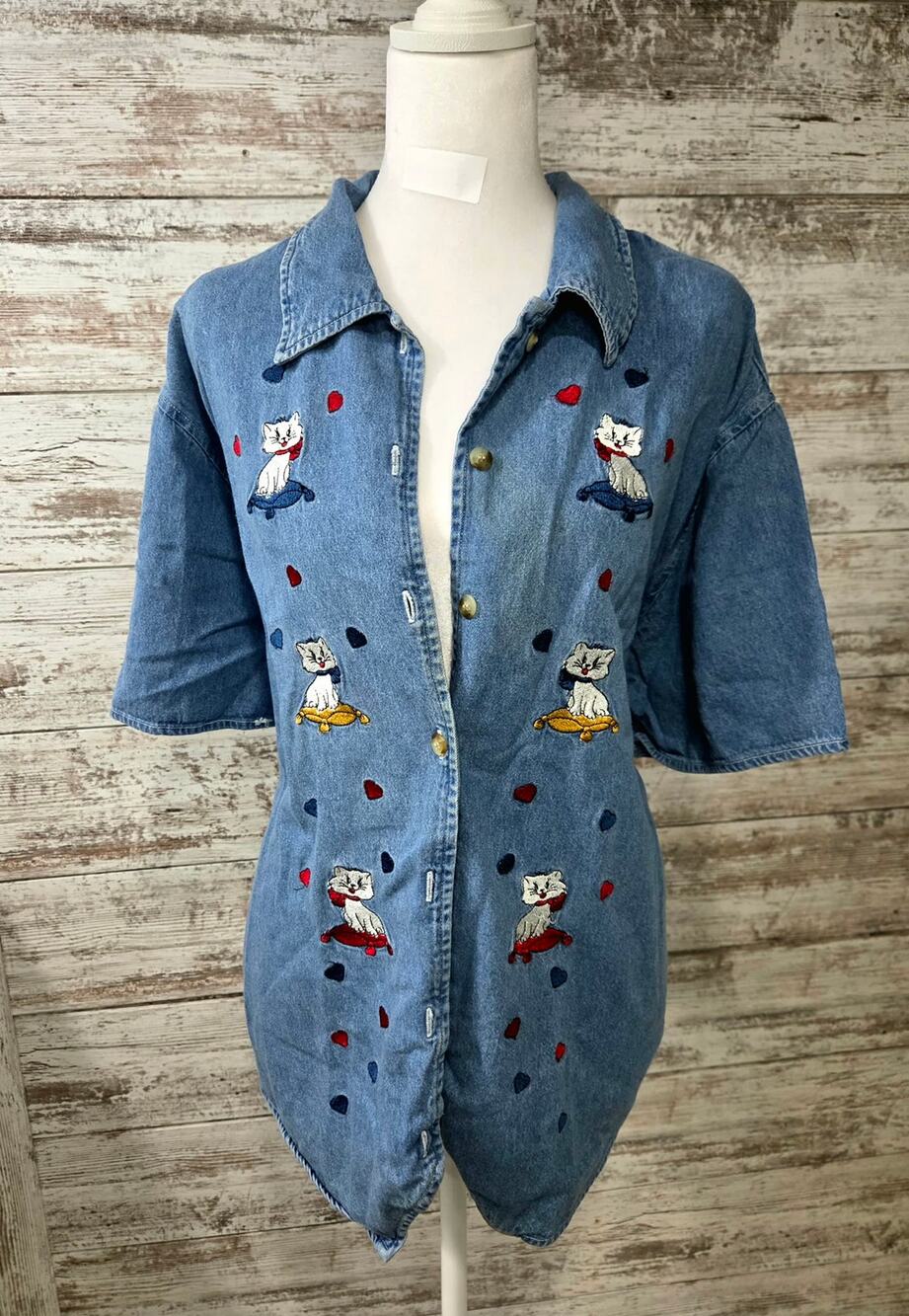 Quizz New York Woman Denim Cat Embroidery Shirt Size 20